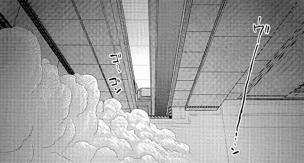 作中コマ:リフトの縦穴を見上げたところ